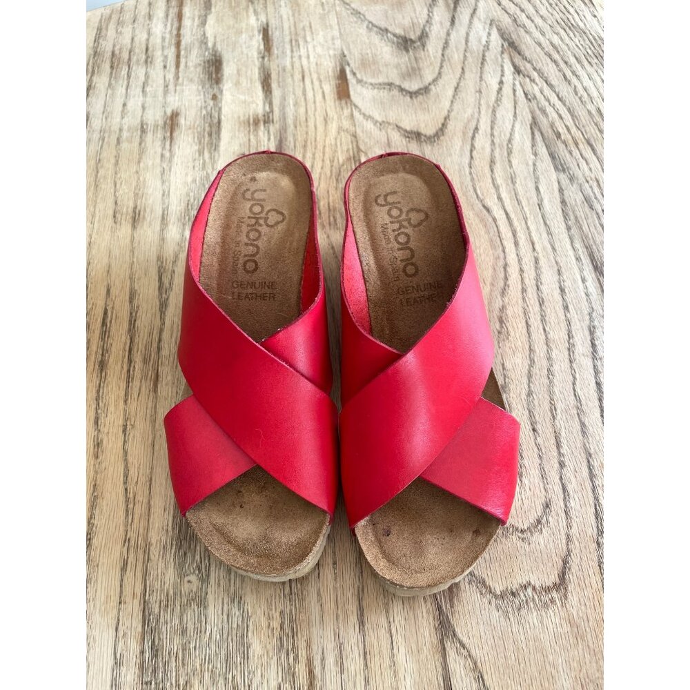 Yokono Candela Red Cross Band Slip on Cork Wedge Womens 7.5 Made in Spain